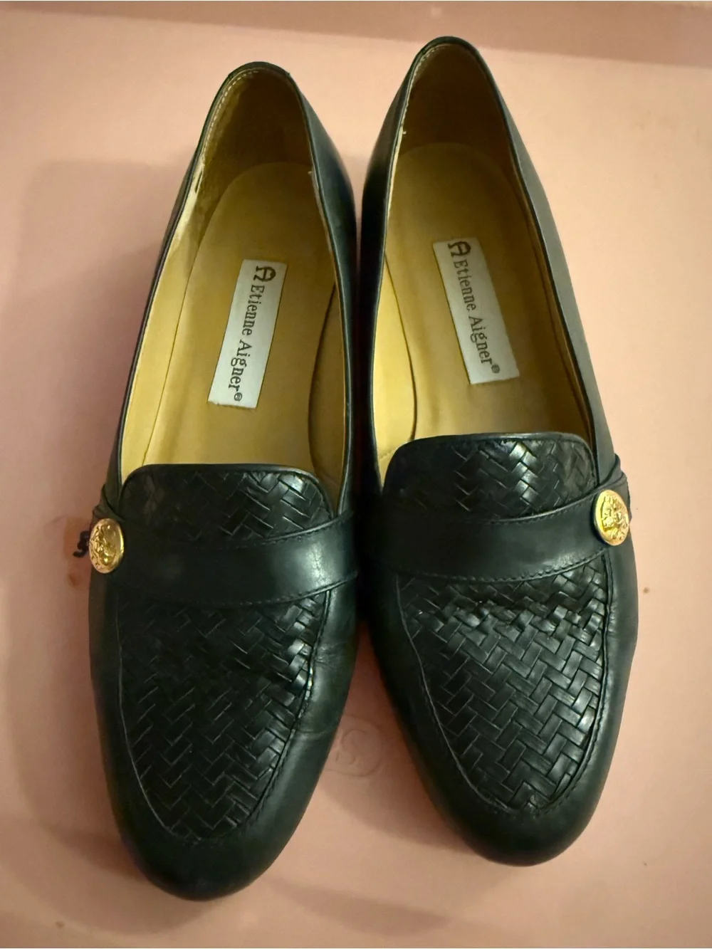 Etienne Aigner Black Woven Leather Loafers with Gold Buttons